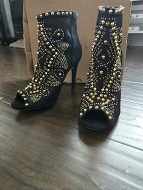 ZARA Peep toe mix fabric gold studded Ankle boots Size 7.5 / 38